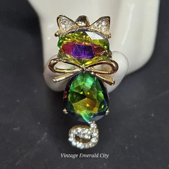 Goldtone Mr. Cat Bow Cyrstal Brooch Rhinestone Tail & Ears Iridescent Kitty Pin - Picture 12 of 13